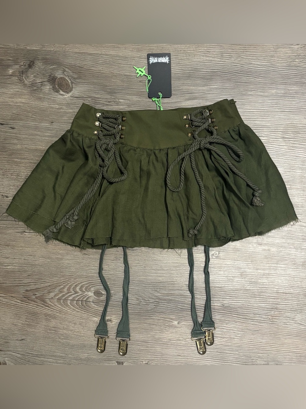 NWT Dolls Kill / Darker Wavs Green Chord Lace-Up Mini Skirt